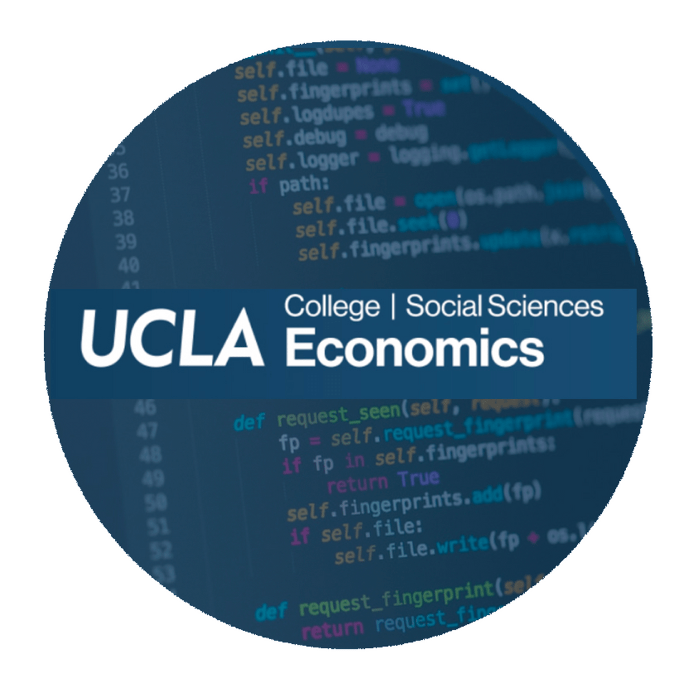 A sphere with the UCLA Economics logo on it on a background of Python code