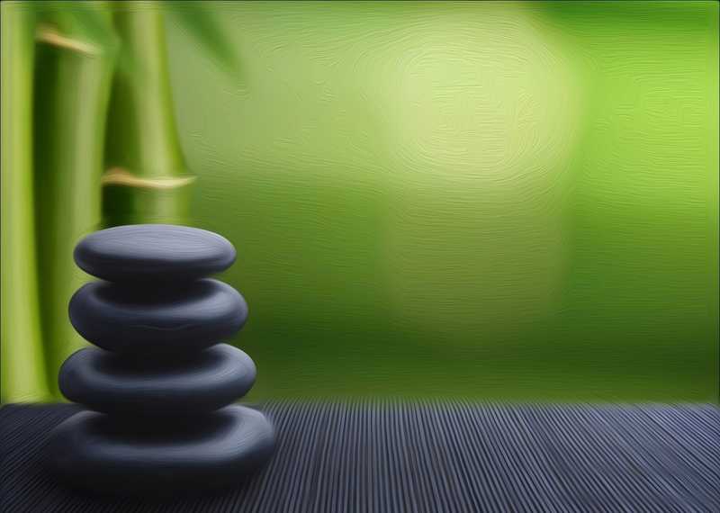 A painting of a really relaxing setting: heated rocks and bamboo